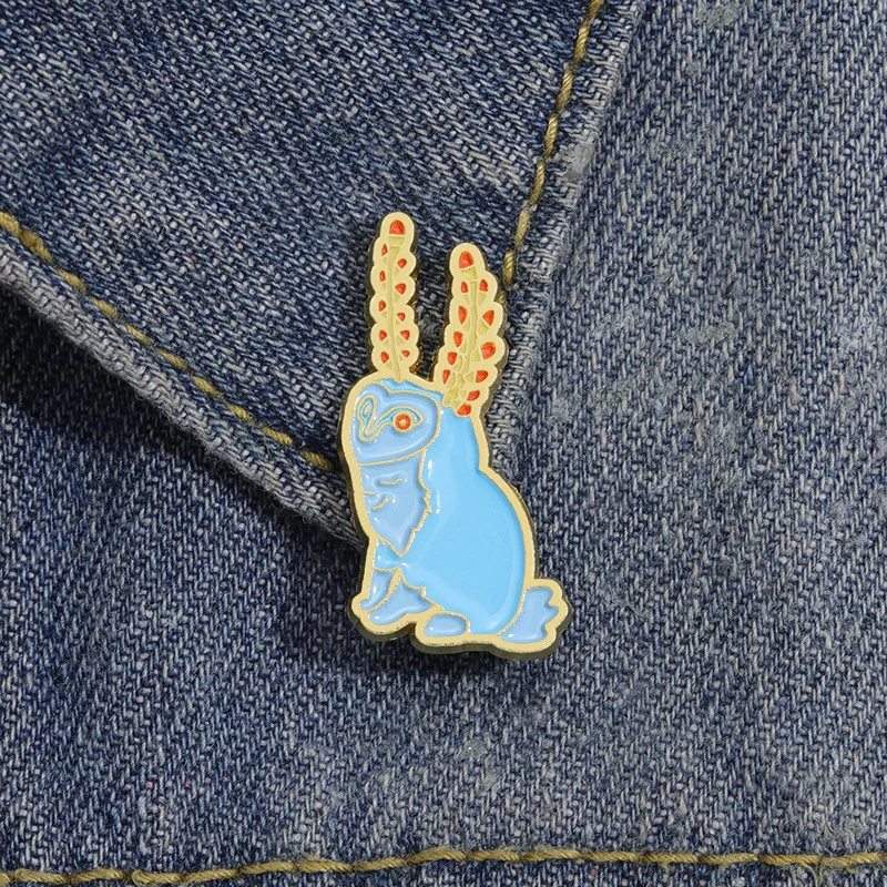 Cute Medieval Illustration Rabbit Enamel Pin Brooch Blue Wheat Ear Design Lapel Badge for Art Lovers Backpack Accessories