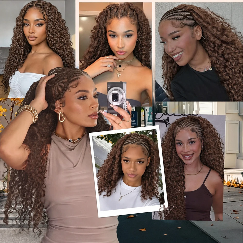 #4 Brown Deep Wave Crochet Human Hair Miracle Knots Feather Crochet Pre Separated Braiding Hair Virgin Remy Soft Natural Wavy Texture Lightweight Knotless Boho Protective Hairstyle For Women Hair Extensions - view 8