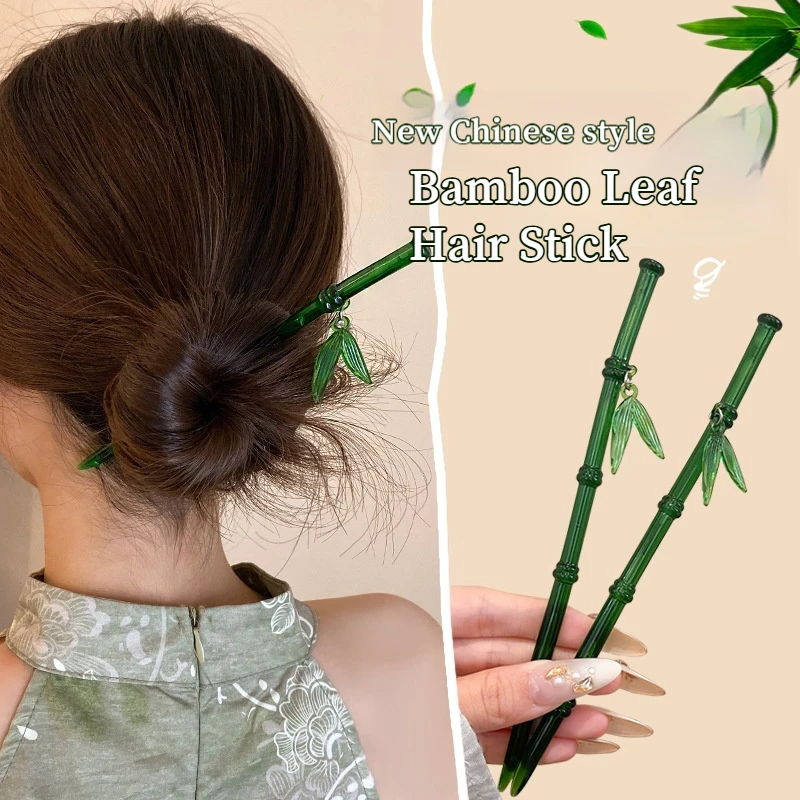 2025 New Chinese Style Bamboo Leaf Hair Stick For Women Girls Green Resin Vintage Acrylic Chopstick Hairpin Hair Accessories