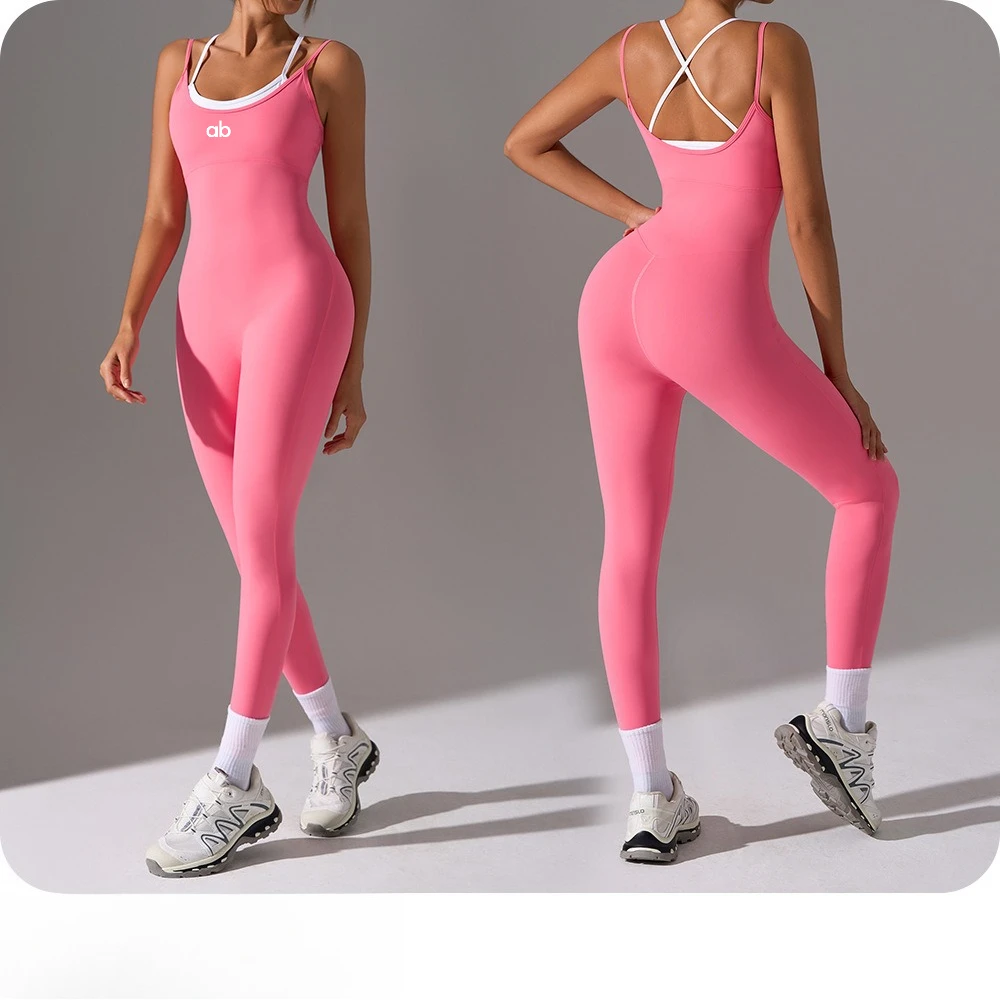 Women Fake Two Piece Padded Yoga Bodysuit Spaghetti Strap Criss Cross Back Tight Nine Minutes Jumpsuit