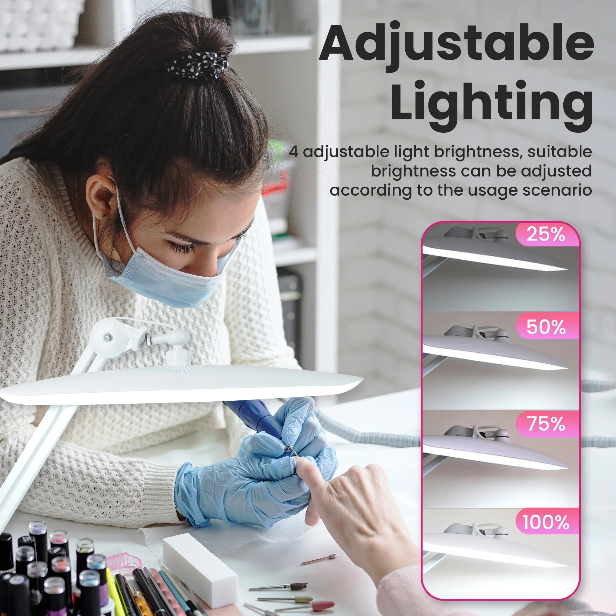 LED Task Desk Lamp 19 Inches Metal Swing Arm Eye-Caring Lash Extensions Lamp 117PCS LEDs for Nail Crafts Reading Head Work Lamp