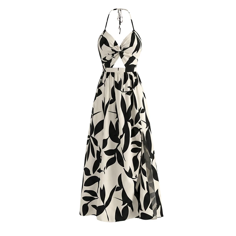 Dressfo Women's Vacation Dress Minimalist Leaf Pattern Twisted Cut Out Slit Halter Maxi Dress