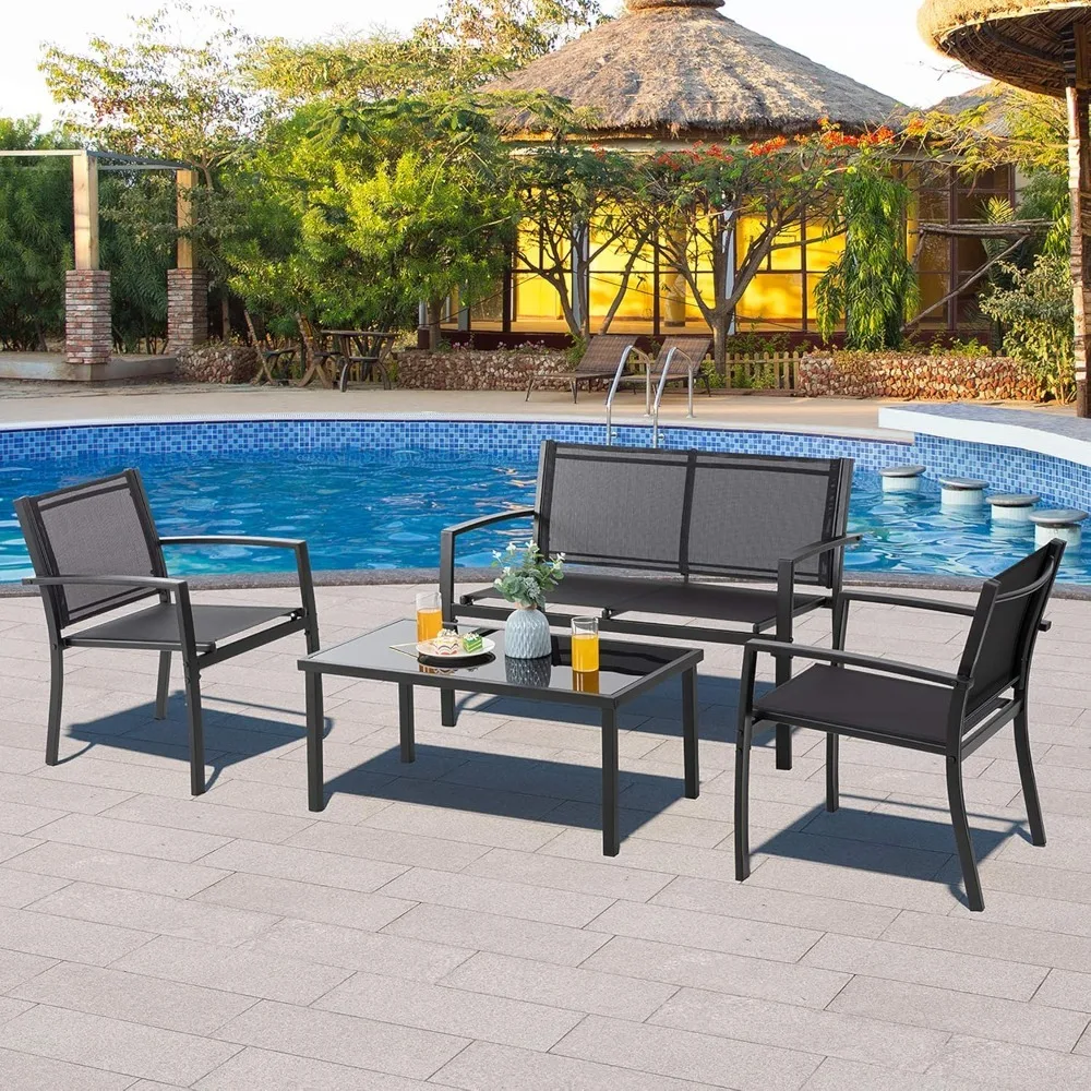Patio Furniture Sets 4 Piece Outdoor Conversation Set with Glass Coffee for Garden Backyard Balcony Porch Black