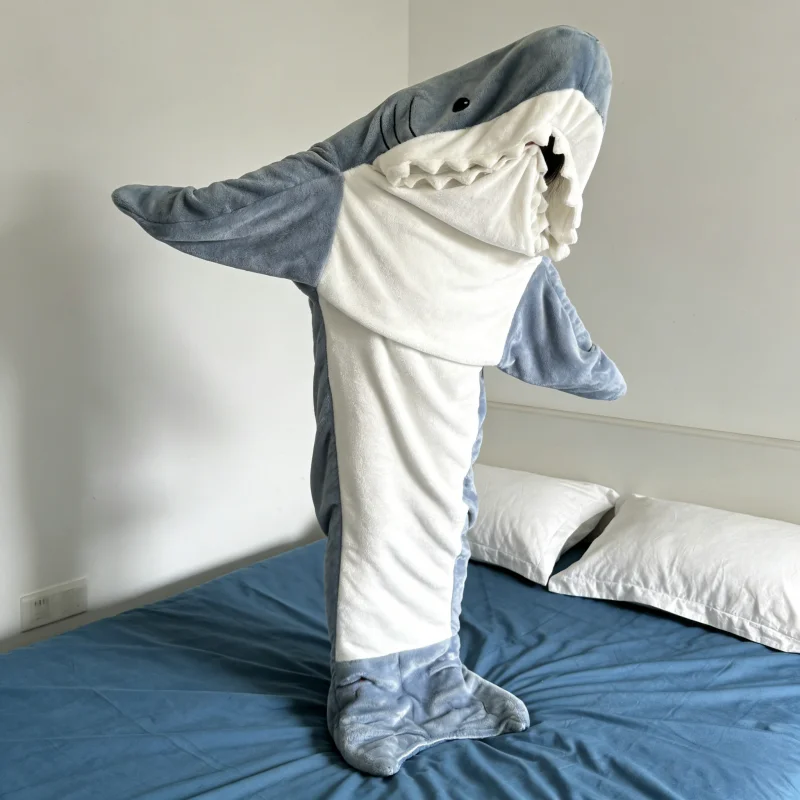 Wearable Shark Plaid Blanket Cartoon Sleeping Bag Shark Onesie Pajama Winter Warm Blanket Flannel Bathrobe Homewear Home Decor