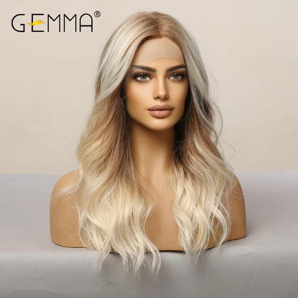 GEMMA Long Wavy Omber Brown Blonde Lace Front Wigs for Women Middle Part Lace Synthetic Wig Heat Resistant Cosplay Daily Hair