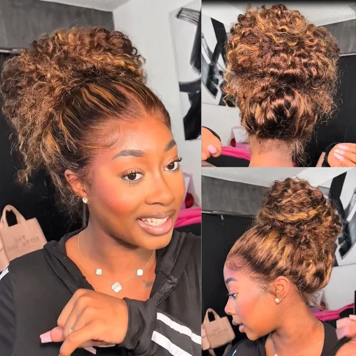 P427 Honey Blonde 360 Full Lace Wig Highlight Curly Human Hair Pre-Plucked Deep Wave Water Wave 360 Invisible Strap Lace Frontal Wig 34 Inch