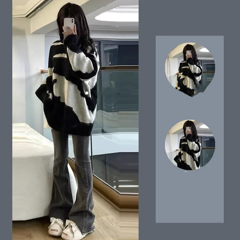 Autumn/Winter Women's Set 2024 New Style Korean Fashion Black and White Knitted Sweater Jeans Two Piece Set