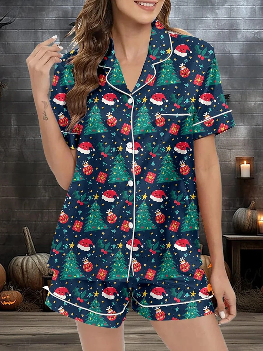 Women Christmas Pajamas Set, Santa Claus Tree Print Short Sleeve Button Closure Shirt with Shorts Sleepwear Loungewear