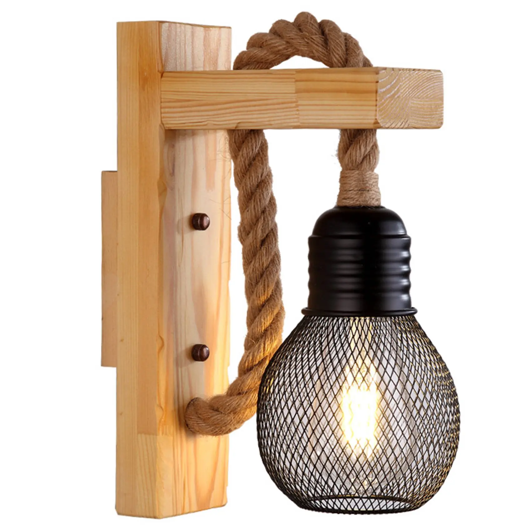 

Vintage Wood Hemp Rope Wall Lamps Fixture Retro Hallway Bedside Loft Light Luminaire Industrial Decor-Black