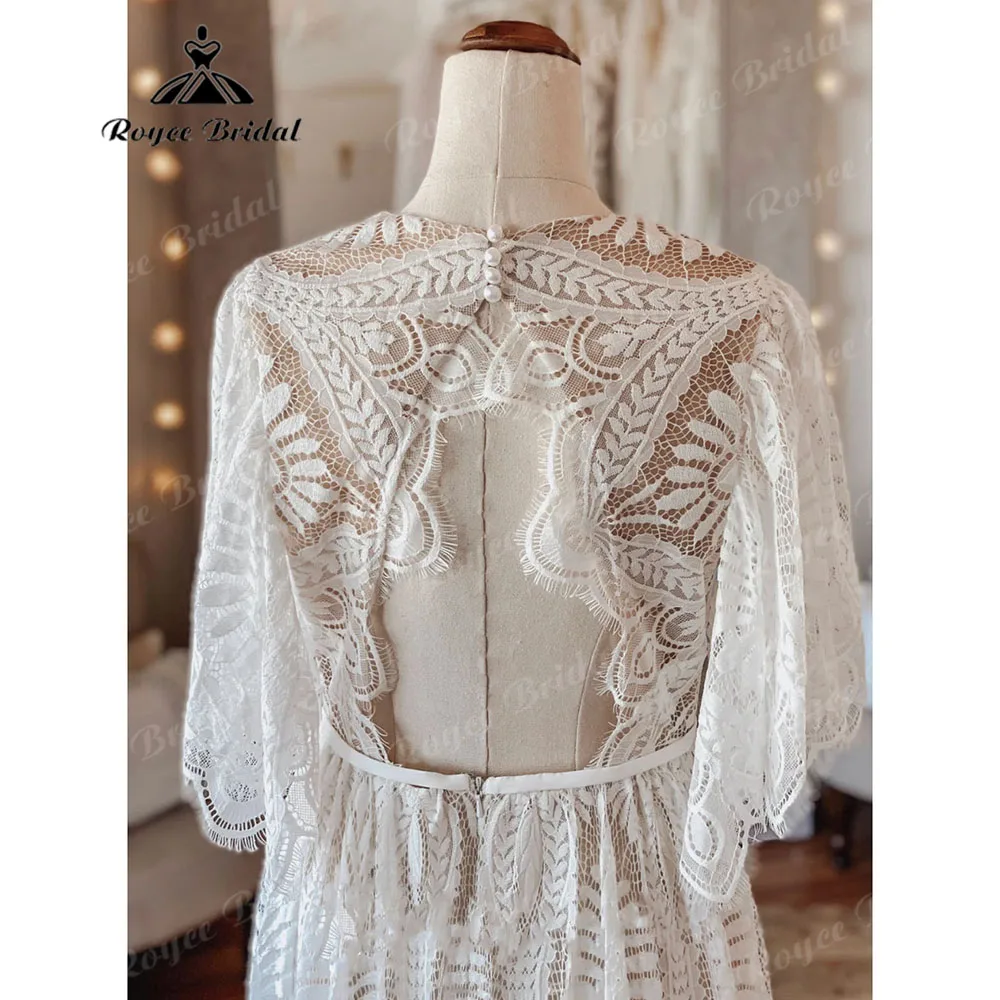 Vintage Bohemian Lace Boho Beach Open Back Women Wedding Dress with Sleeve 2023 Robe Mariee Bridal Gown Custom Made Floor Length