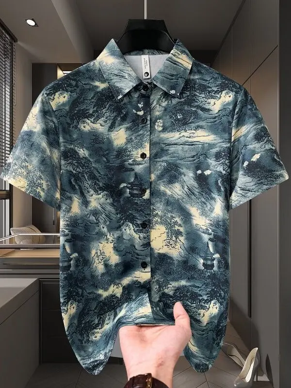 

New 2026 Men's ort Sve irt Luxury Turn-down Collar Trendy f Sve Casual Summer Mountain Water Lacape Painting ...