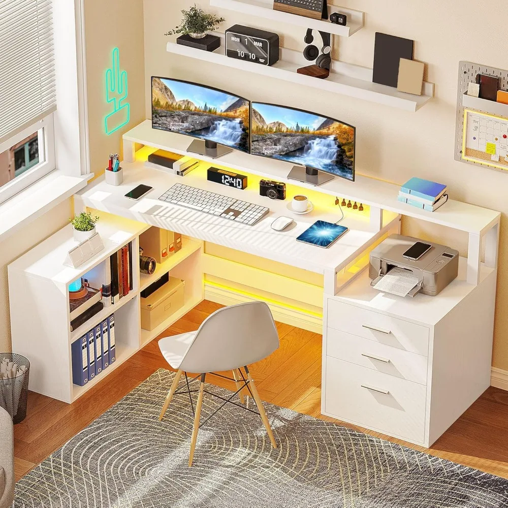 

l shaped desk with 3 drawers, 65" corner computer desk with power outlets & led lights, l-shaped desk with file cabinet