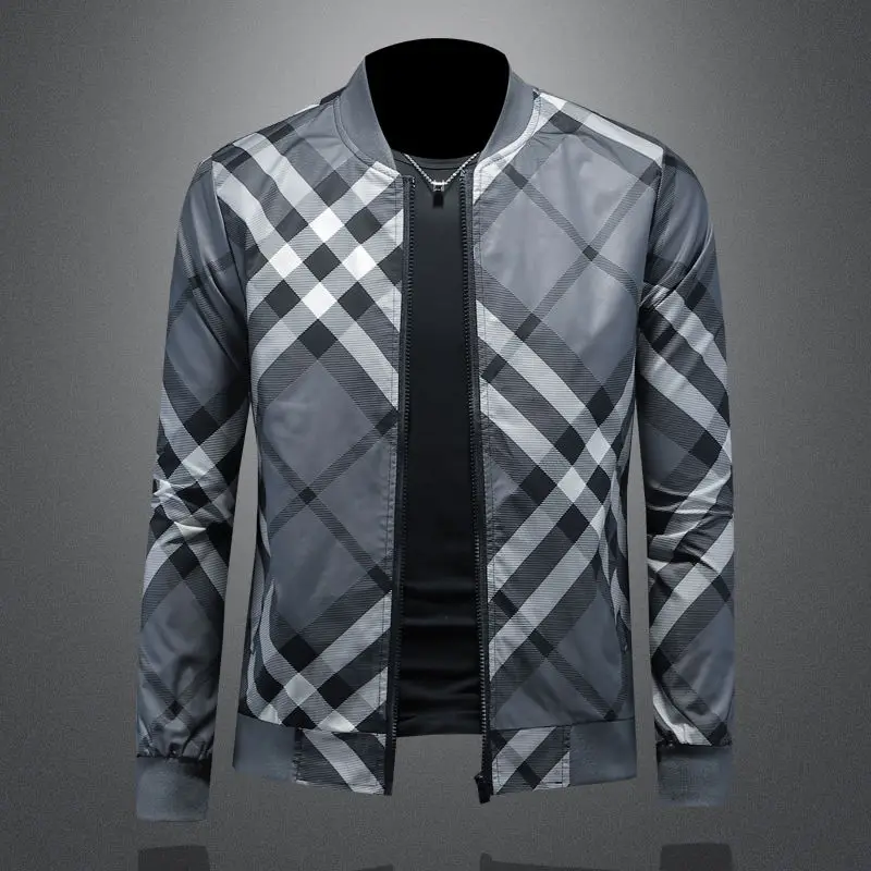 

High-end trendy brand ins plaid jacket spring and autumn new zipper stand-up collar slim short jacket men's trendy