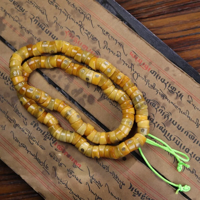 Tibetan Old Yak Bone Inlaid A Pattern, Long String Bracelet With 108 Beads