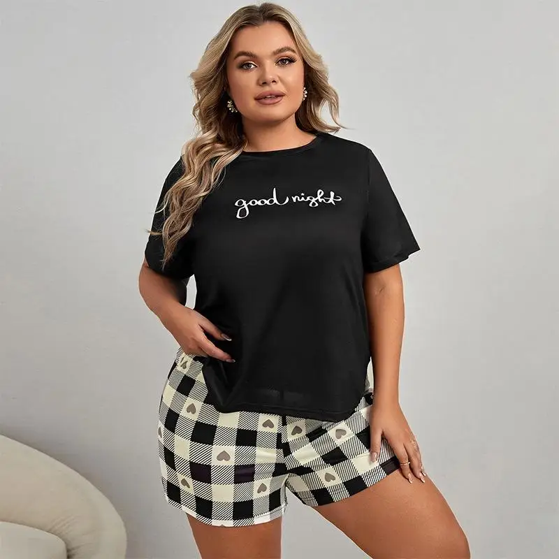 

Summer Plus Size 3XL Short Sleeve Tops and Shorts Pajamas Set Casual Oversized Black Letter Printing Pyjamas Women Sleepwear Set
