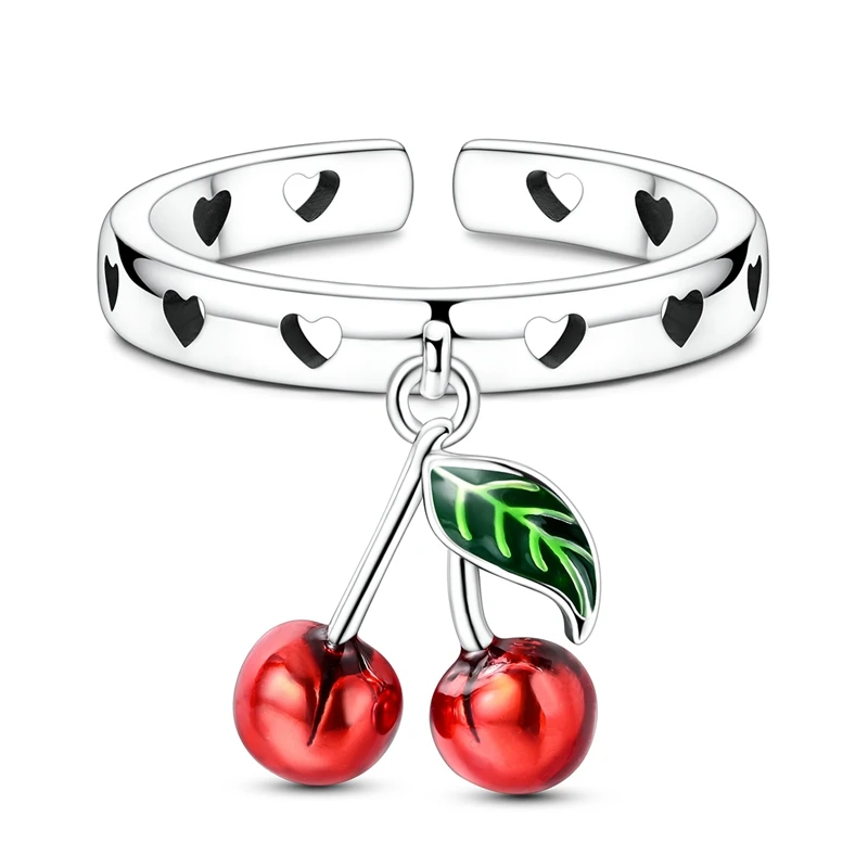 Original 925 Sterling Silver Sweet Cherry Heart Open Rings For Women Girls Jewelry Birthday Anniversary Gifts