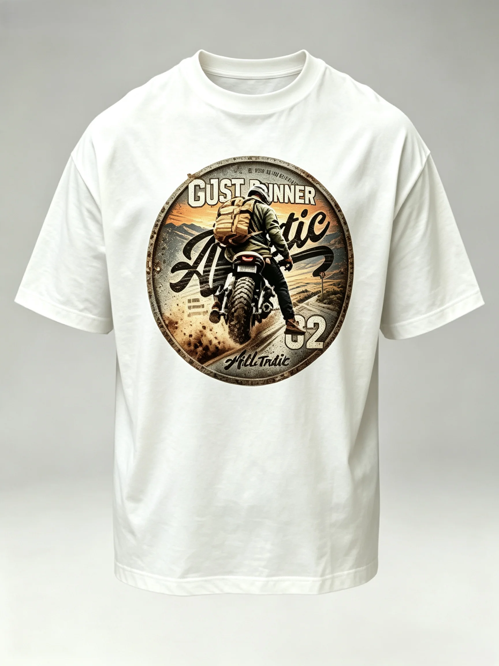 Unisex Vintage Gust Runner Mountain Motorcycle Front Print T Shirt Men Women Oversized Round Rusty Metal Badge Biker Graphic Tee Retro Motorbike Streetwear Cotton Short Sleeve Tops