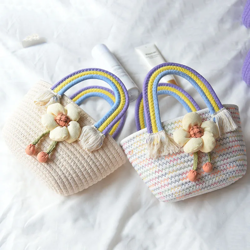 Summer Handmade Bags For Women Beach Weaving Ladies Leisure Bag Handle Handbags Lovely Flowers Rainbow Handles Knit Cotton Bales