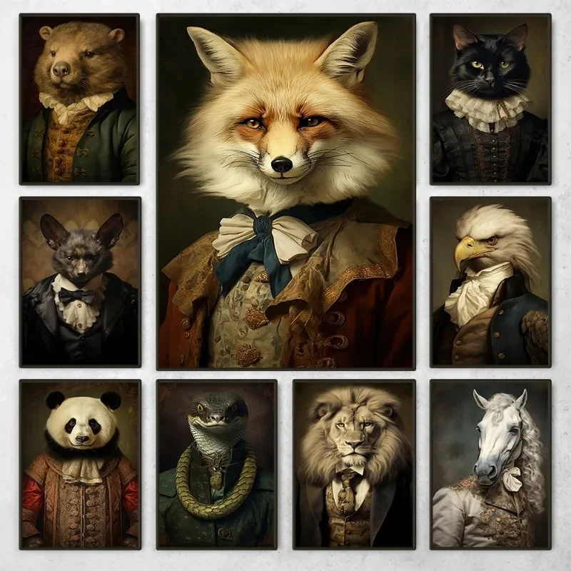 Retro Renaissance Animal Portrait Poster Fox Black Cat Lion Owl Royal Pet Canvas Painting Funny Wall Art Living Room Home Dec