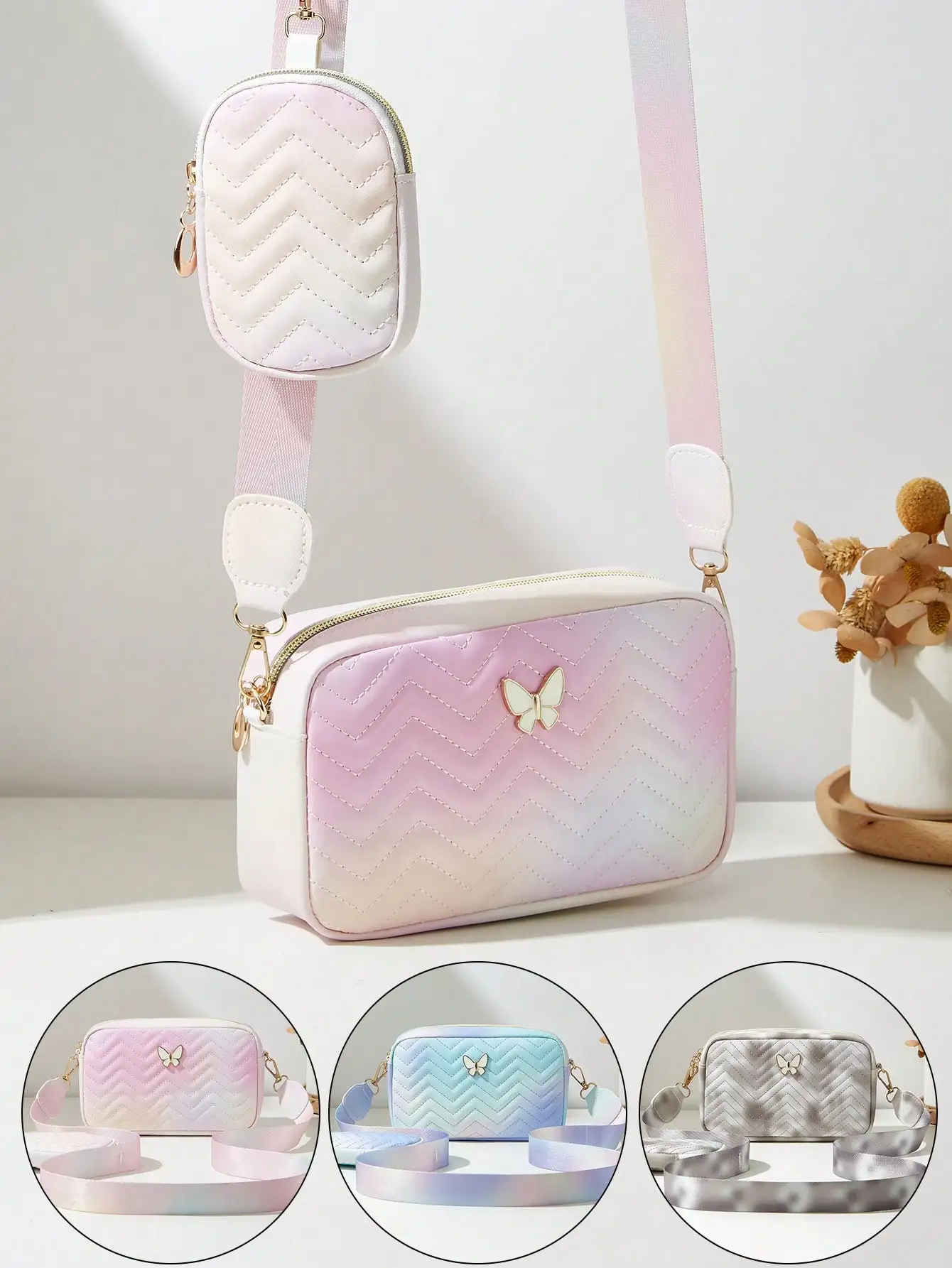 

1pc Girls Mini Wavy Pattern Floral Crossbody Bag & Coin Purse Set, Fashion 2 Pieces, Random Ombre Color, Suitable For Various Occasions