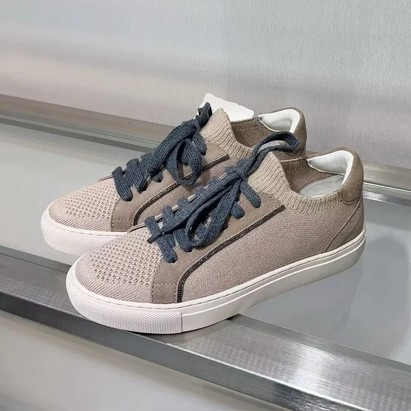 Women Knit Breathable Sneakers Spring Autumn Thick Sole Lace Up Casual Shoes Round Toe String Bead Flat Shoes Light Tennis Shoes