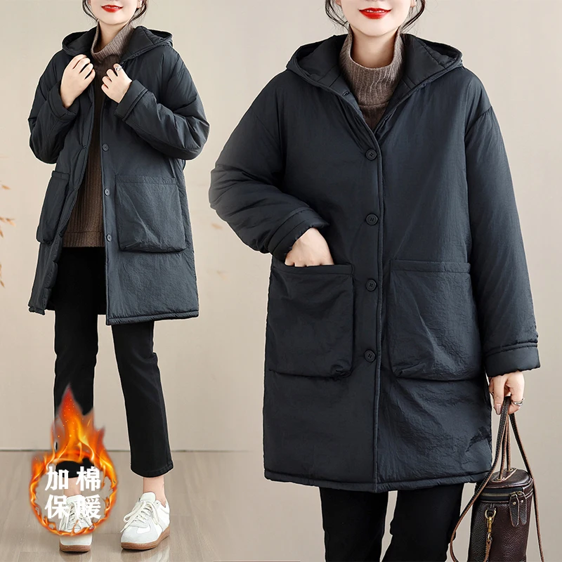 

Thiened Long Cotton Jaet Women's Winter New Sle Korean Version Loose All-Match Anti-Aging Hat Cotton Coat Outerwear