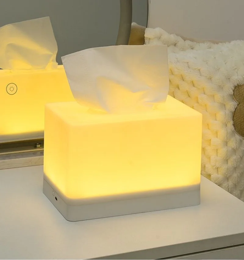 LED Night Light Tissue Box 2-in-1 Multifunctional Desktop Ambient Light Nighttime Nursing Light Tissue Dispenser with Rechargeab