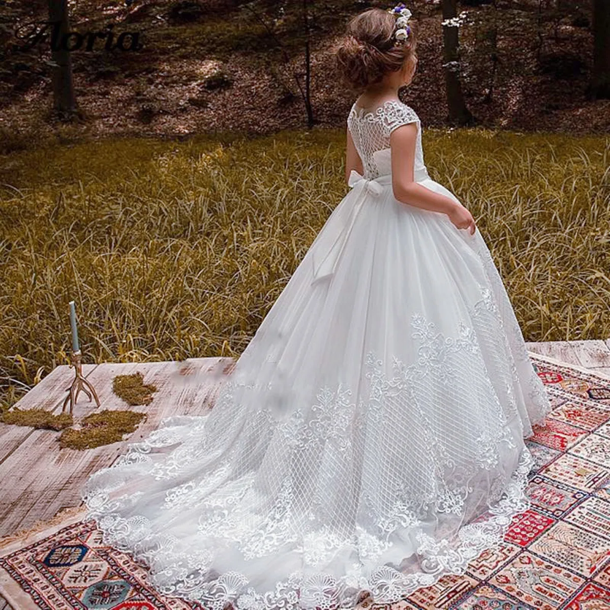 Vestido de baile sem mangas flor branca para meninas, apliques frisados vestidos para crianças, festa noturna de primeira comunhão, princesa e casamentos