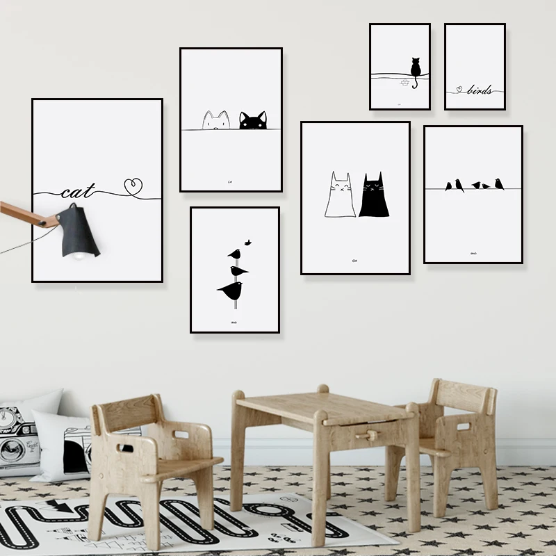 

Cats Love Line Canvas Painting Minimalist Decorative Art Print Poster Nordic Black White Wall Picture Decor Nursery Kids Room