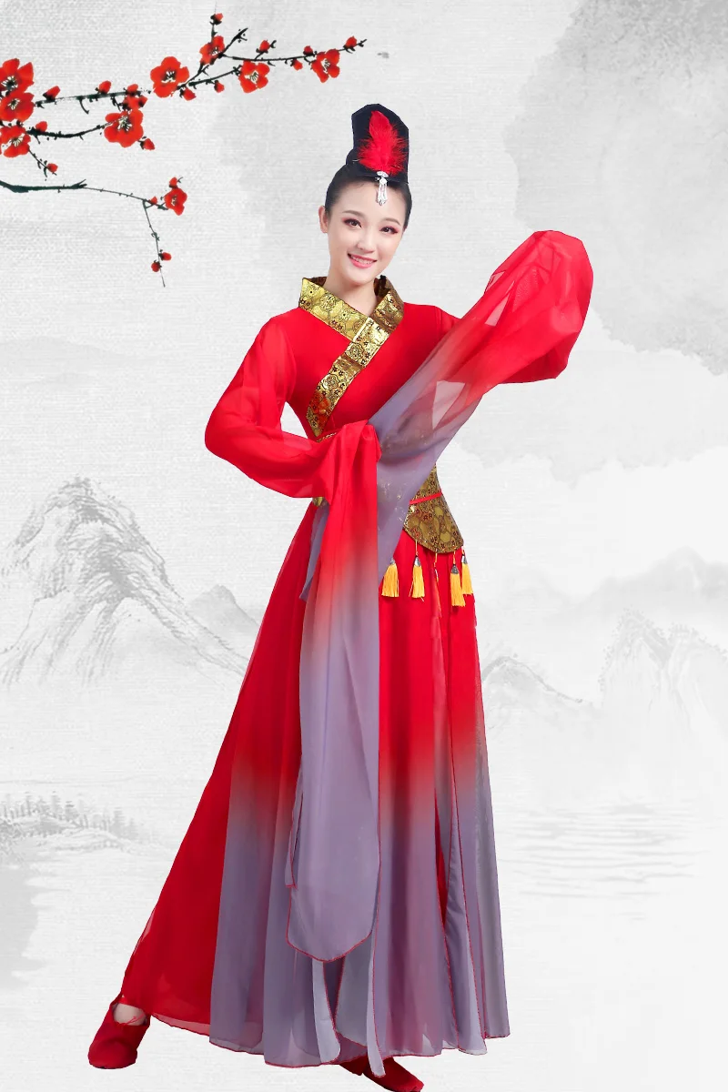 Costumes de danse classique pour femmes, robes de gaze fluide, costumes d'entraînement de danse chinoise, hauts en mousseline de soie, costumes de performance anciens