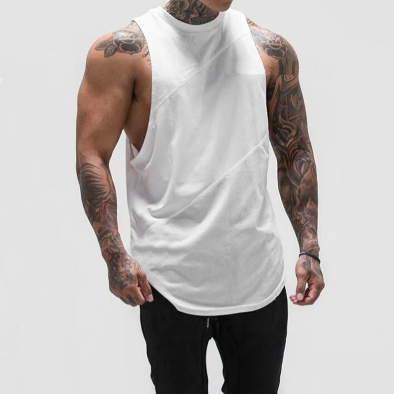 Schlichte Baumwoll-Patchwork-Mesh-Tanktops Sommer-Jogging-Kleidung Fitness-Sport Ärmellose Shirts Herren Bodybuilding Muskel-Westen