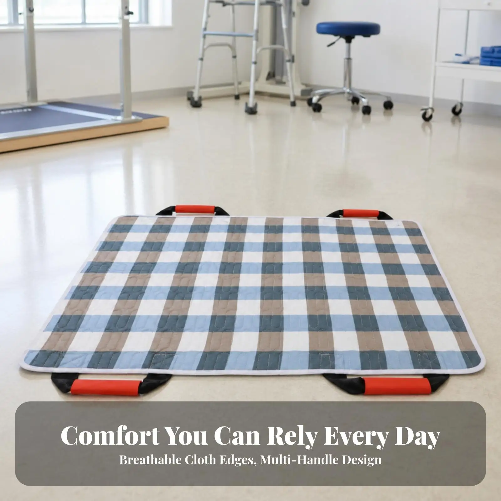 Patient Turning Aid with Handles Cotton Bed Transfer Pad for Sliding Repositioning Blue White Plaid