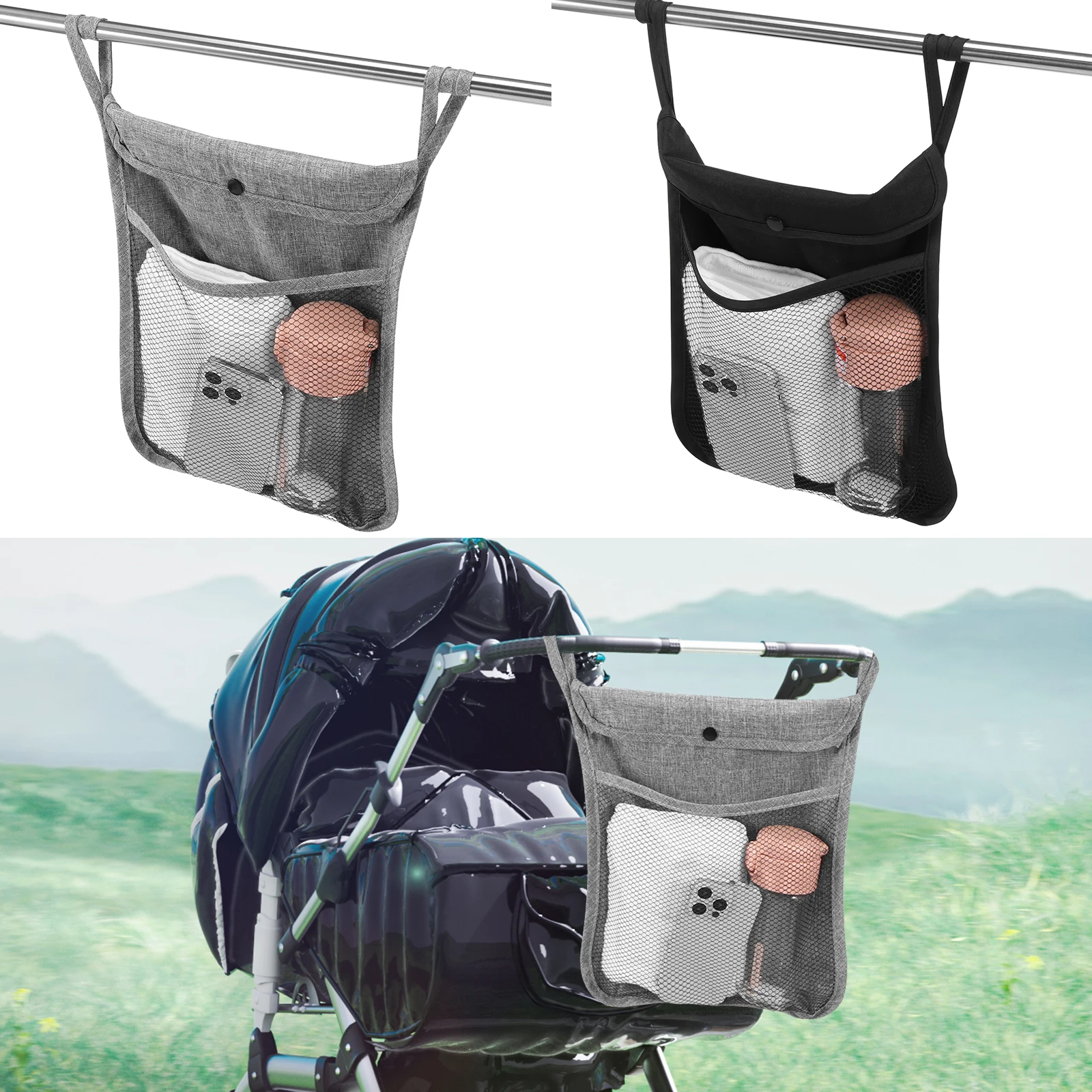 Baby Stroller Hanging Storage Bag Infant Product hanging Organizers   Portable Large Capacity Double Pockets Mesh bags for Mummy
