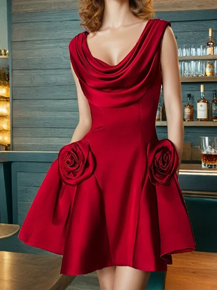 

2025 new niche design chic pleated three-dimensional flower dress waist slim slim solid color sleeveless short vest skirt
