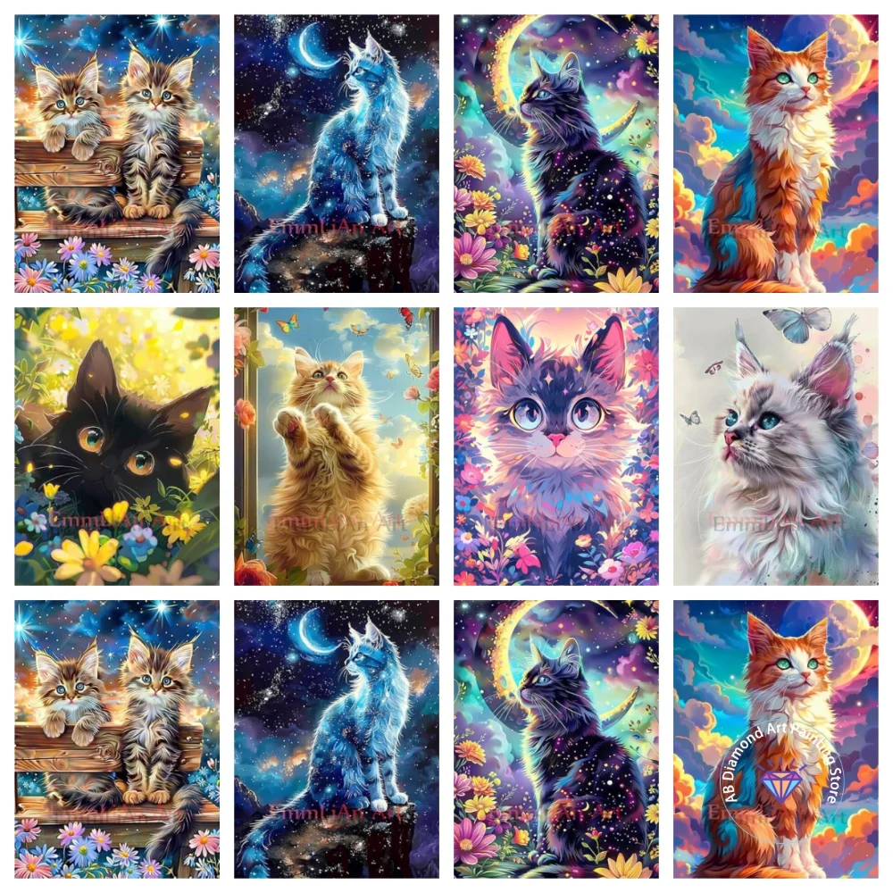 

Moon Animal Cat AB Diamond Painting Kit Square Round Diamond 5D DIY Mosaic Handmade Art Adult Exquisite Gift Home Decoration