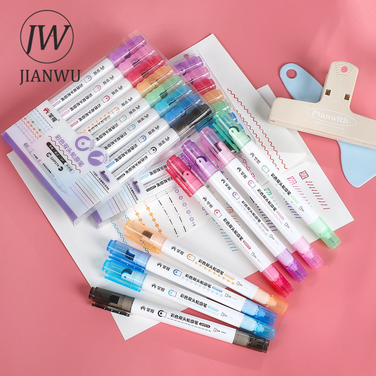 JIANWU 8 Pcs/set Colorful Double Head Outline Pen Roller Stamp Pen Set Write Smoothly Creative DIY Student Supplies Stationery