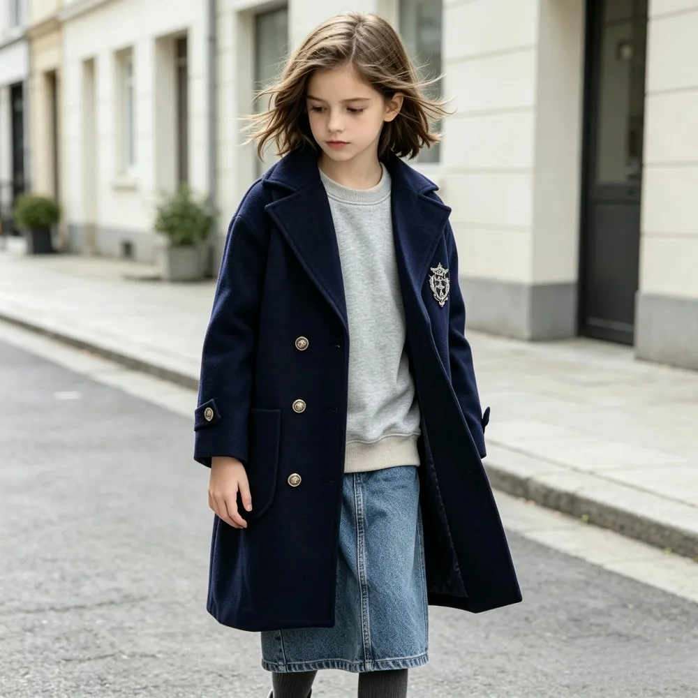Teens Girls Winter Jacket Preppy Style Navy Mid-length Wool Coat for Kids Thick Warm Casual All-match School Children Outerwear