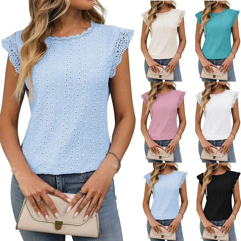 Patchwork Round Neck Top Regular Fit Sweet with Flutter Sleeve Ruffle Sleeveless T Shirt Spring Sweet and Fresh Top Women