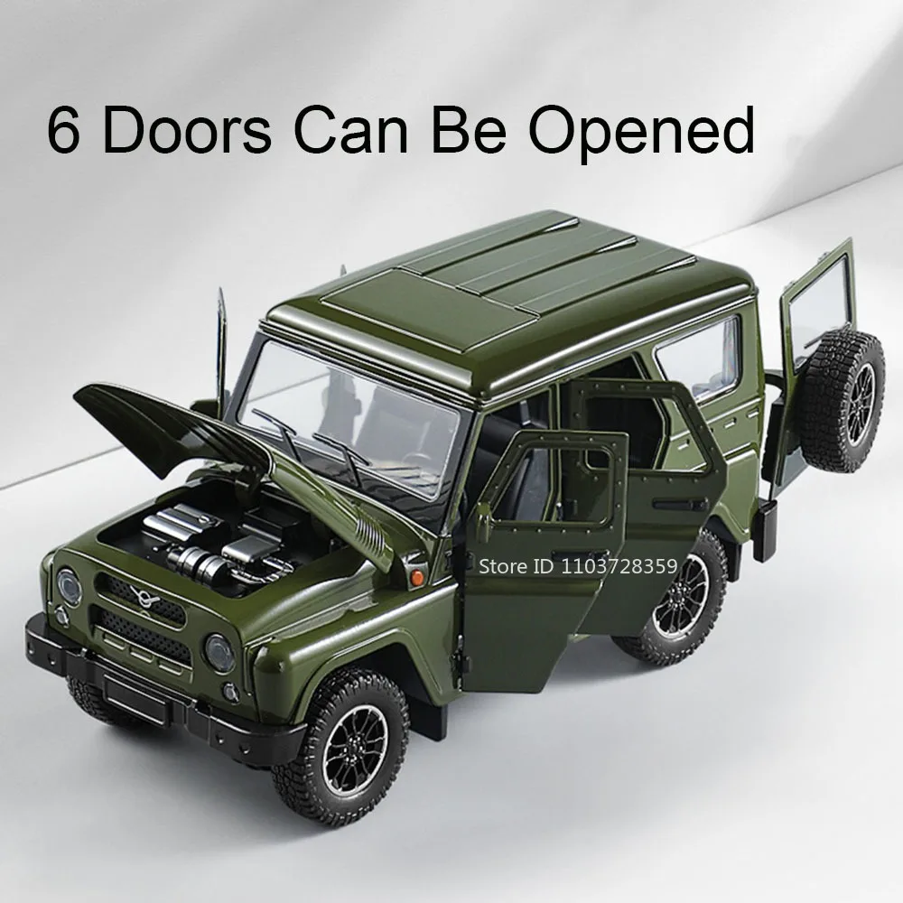1:18 Russia UAZ Hunter Toy Model Off-road Vehicles Alloy Diecast RV Car Models Doors Opened Sound Light Pull Back for Kids Gifts