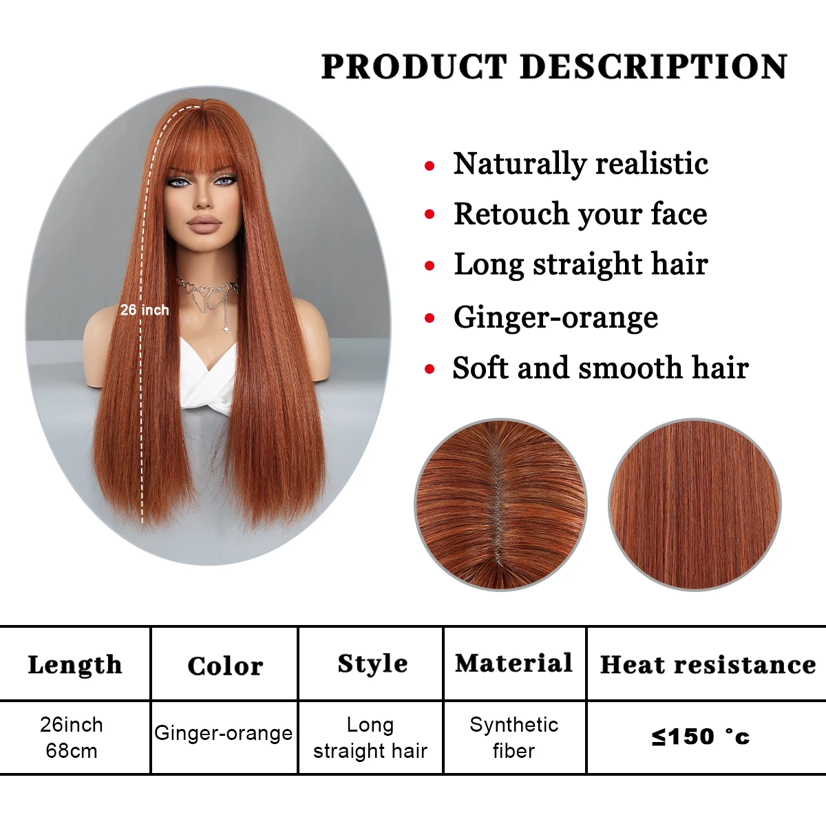 PARK YUN Long Straight Deep Orange Wigs with bangs for Women Popular Sweet Synthetic Wig for Daily Cosplay Halloween