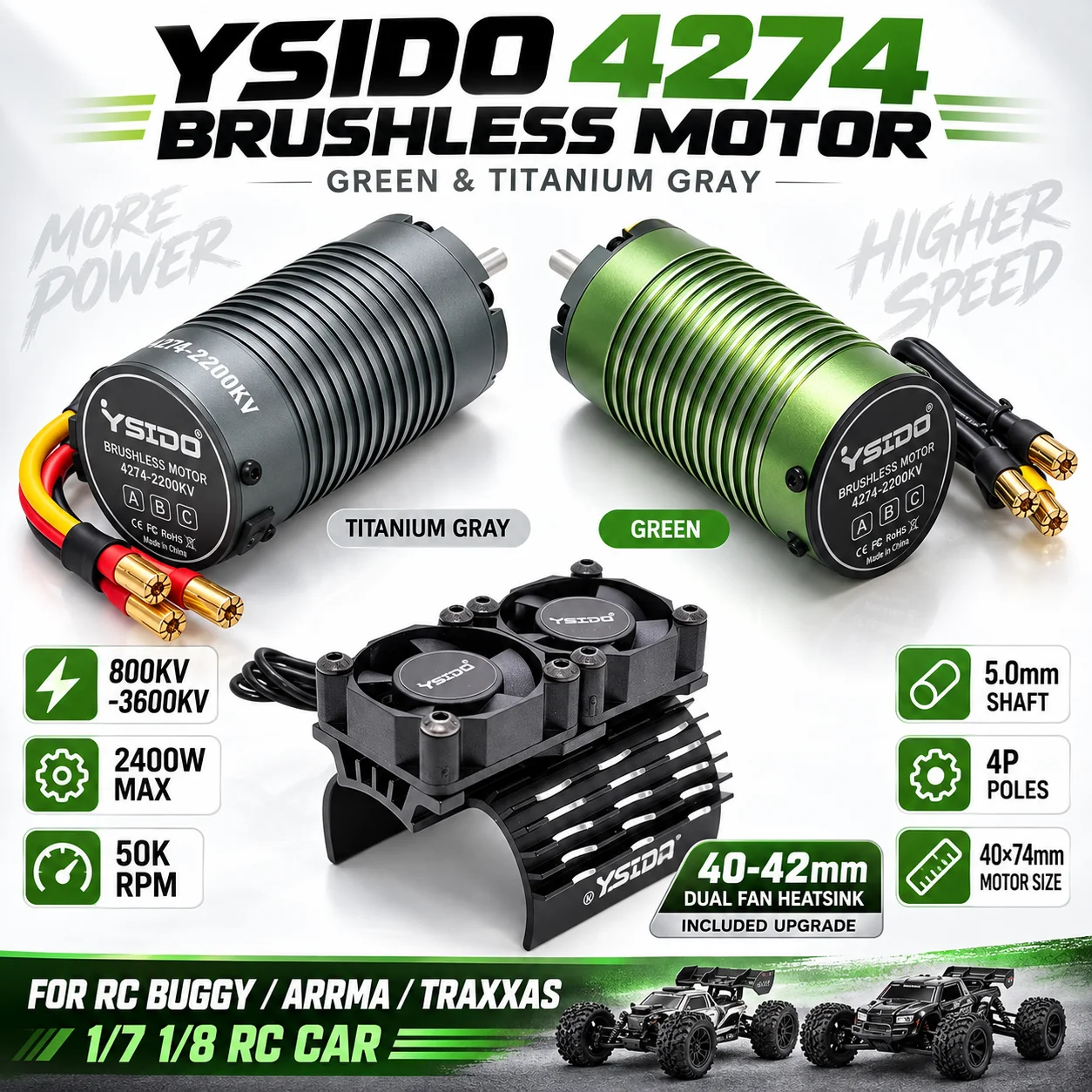 YSIDO 4274 Brushless Motor 800KV to 3600KV with 40-42mm Dual Cooling Fan Heatsink for 1:8 1:7 ARRMA TRAXXAS RC Buggy Racing Car