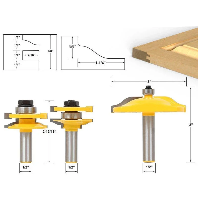 3 buah/Set 1/2 "12.7MM Shank pisau penggilingan ukiran kayu mengangkat Panel kabinet pintu Router Set Bevel pekerjaan kayu pemotong Tenon