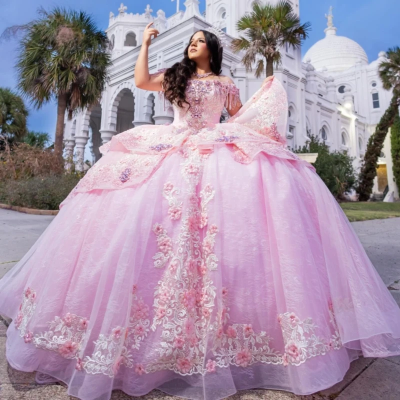 

Pink Quinceanera Dresses Off The Shoulder Applique Flower Beading Tull Corset Party Birthday Sweet 16 Dress Vestidos 15 De Anos