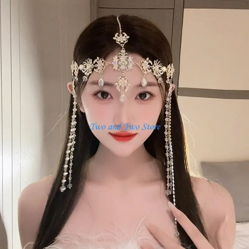 

HX6F Princess Hair Chain Layered Headband with Beads Tassels for Women Photo Props