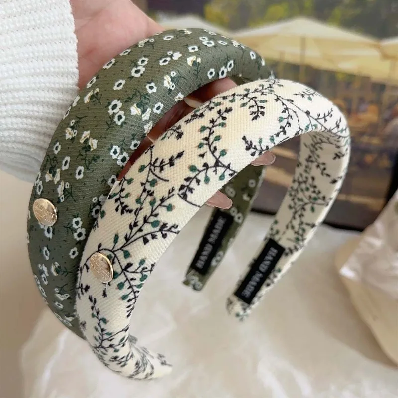 Green Retro Korean Type Floral Sponge Headband Elegant Fashion Printed High Skull Top Hair hoop Versatile Hair Clip