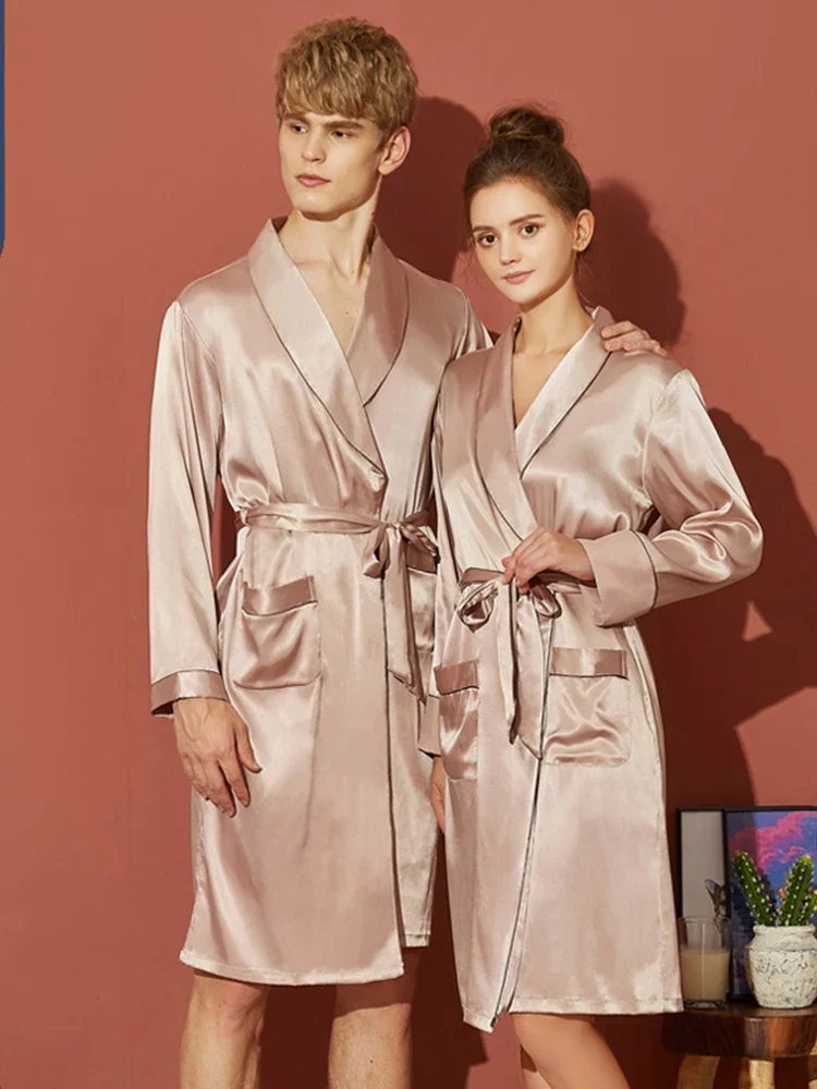 

New Sleeping Robe Thin Long Sleeve Silkworm Silk Pajama Couple's Home Clothes Bathrobe