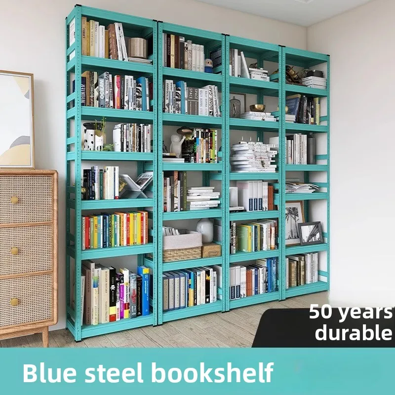 

Blue Steel Floor to Ceiling Bookshelf Wall Integrated Free Combination Living Room Iron Storage Rack