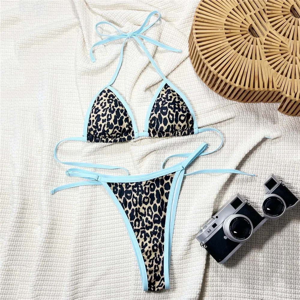 

Sexy Micro Thong Halter String Triangle Bikinis Sets Woman 2025 Leopard Print Swimwear Mini Swimsuit Bathing Suit Bikini Dames