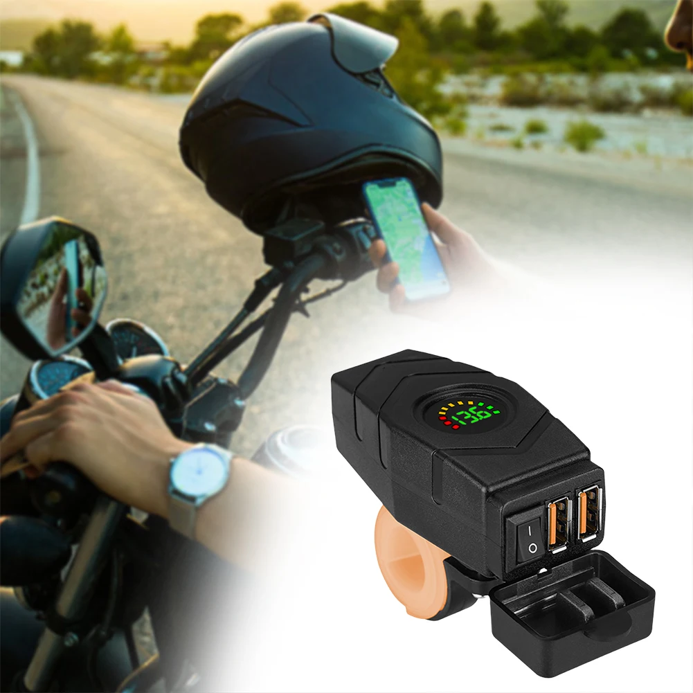 36W E-bike Handlebar USB Charger Colourful LED Voltmeter Dual USB QC3.0 Quick Charger Adapter with Switch Motorcycle USB Charger