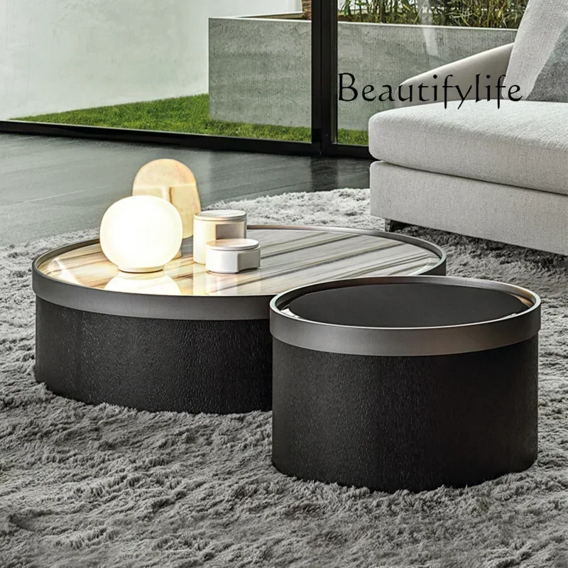 

12Italian minimalist natural marble coffee table designer creative living room household stainless steel combination round set